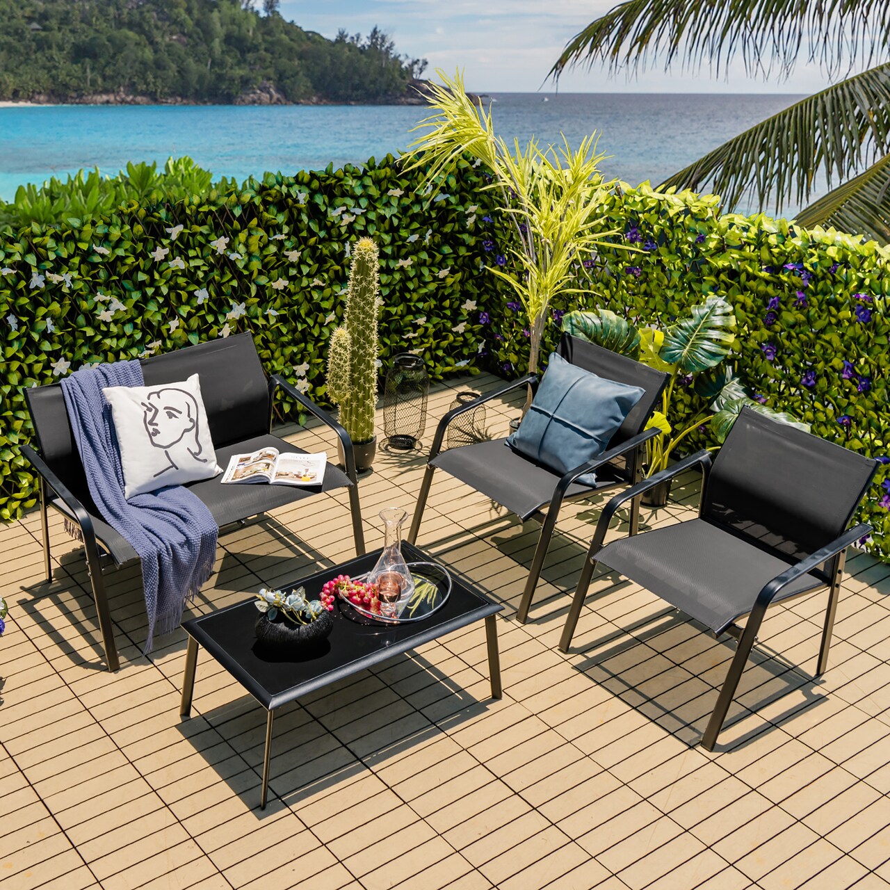 Costway 4 PCS Patio Furniture Set Loveseat Sofas Armrest Glass Table Deck